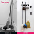 Berry Ave Broom Holder & Wall Mount Garden Tool Organizer - Home Laundry Room, Kitchen, Closet, Shed, Garage Organization and Storage Utility Rack - 5 Slots & 6 Hooks -Rake, Shovel, Mop Hanger (Black)