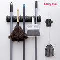 Berry Ave Broom Holder & Wall Mount Garden Tool Organizer - Home Laundry Room, Kitchen, Closet, Shed, Garage Organization and Storage Utility Rack - 5 Slots & 6 Hooks -Rake, Shovel, Mop Hanger (Black)